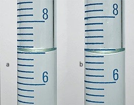 Zwei Ableseansichten eines Meniskus bei 7 ml: korrekt auf Augenhöhe und falsch von schräg oben