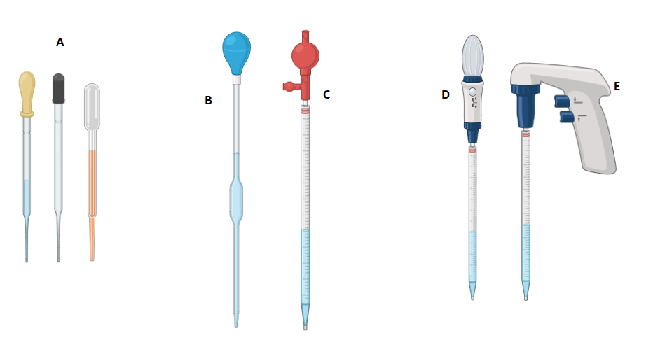 Fünf Pipettierhilfen nebeneinander: Pasteurpipetten-Saughilfe, Pipettierball, Peleusball, Pi-Pump und elektronische Pipettierhilfe