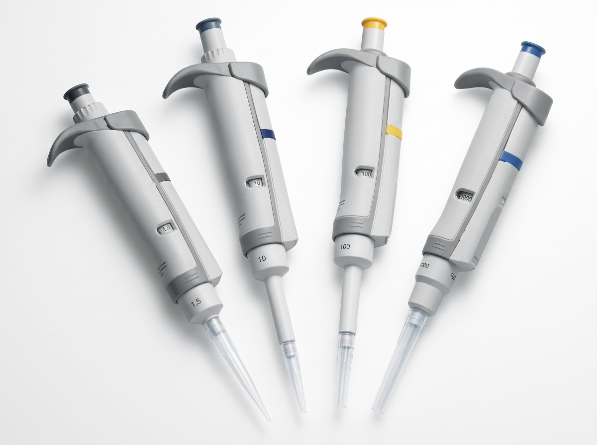 Moderne Kolbenhubpipette mit einstellbarem Volumen und Kunststoffspitze