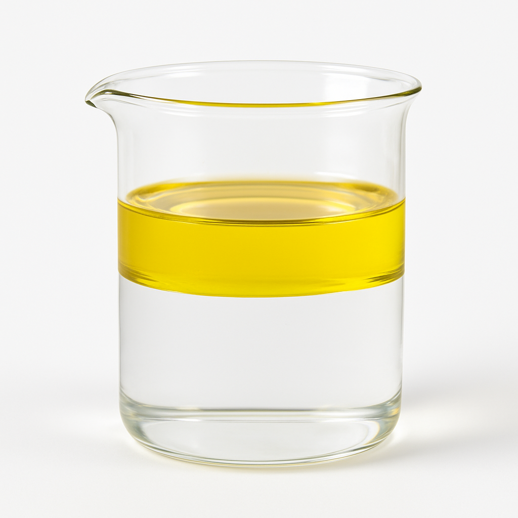 Glas mit zwei klar getrennten Schichten aus Öl und Wasser