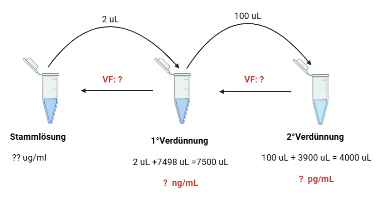 Schema der zweistufigen Verdünnung: Stammlösung mit unbekannter Konzentration, daraus 2 µL auf 7500 µL (1. Verdünnung, unbekannt in ng/mL), daraus 100 µL auf 4000 µL (2. Verdünnung, gesucht in pg/mL)